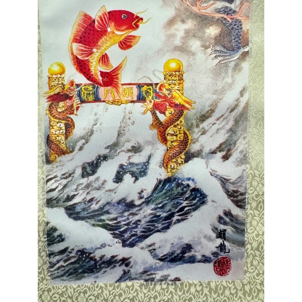 Chinese Wall Scroll Red Koi Fish Leaping Dragon Gate Silk Brocade Hanging Art